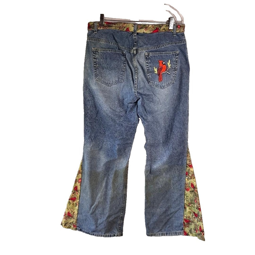 Vintage Upcycled Tommy Hilfiger‎ Flare Jeans Womens Size14R Cardinals Christmas - Picture 2 of 11